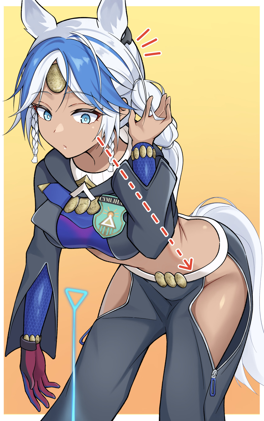 1girl, absurdres, animal_ears, arclight_(arknights), arknights, arknights:_endfield, arrow_(symbol), bent_over