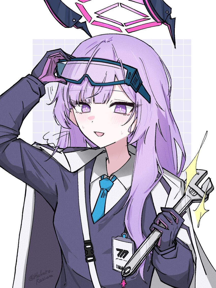 1girl, adjustable_wrench, blue_archive, blue_necktie, bright_pupils, collared_shirt, commentary_request, floating_headgear