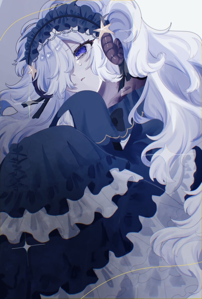 1girl, blue_dress, blue_hairband, commentary_request, curved_horns, dress, expressionless, feet_out_of_frame