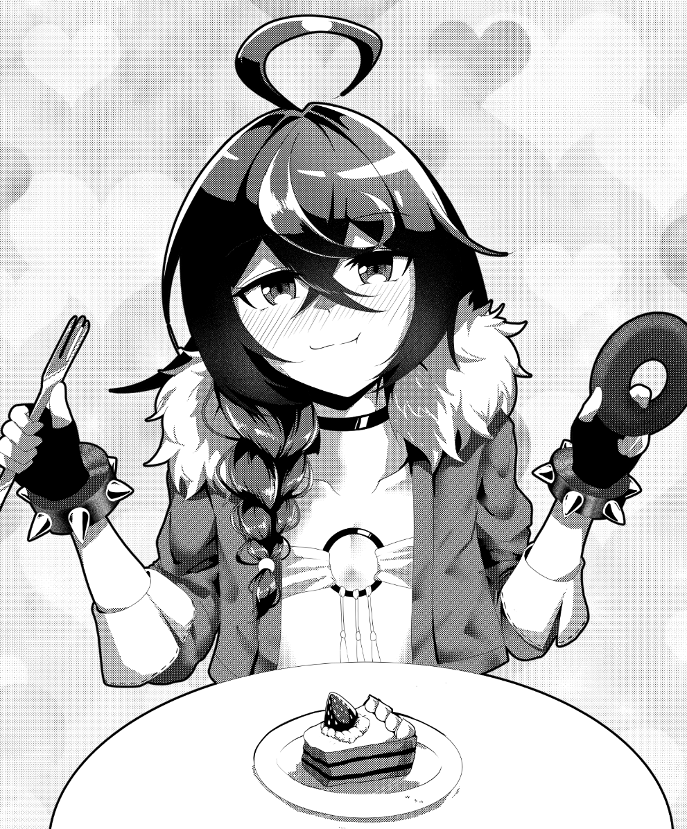 ahoge, bandeau, blush, braid, braided_ponytail, cake, choker, commentary