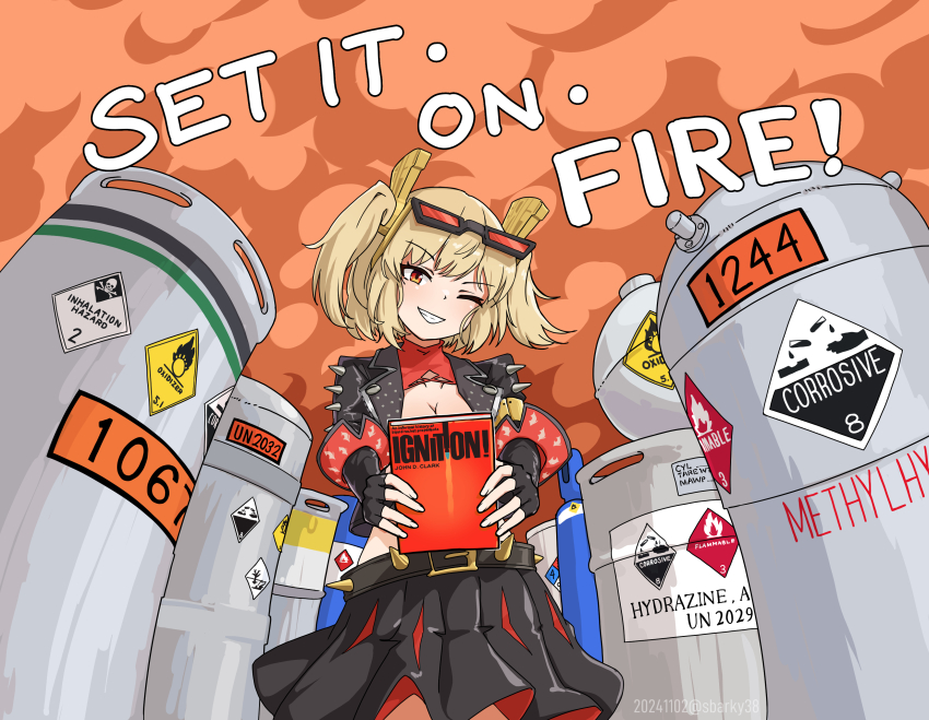 1girl, absurdres, belt, black-framed_eyewear, black_belt, black_jacket, black_skirt, blonde_hair