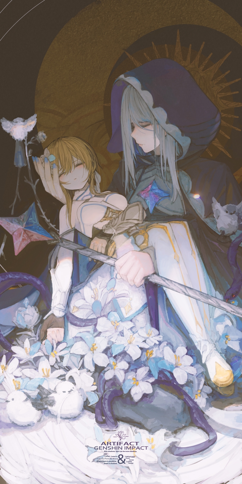 &amp;ueen, 2girls, absurdres, bare_shoulders, blessing_of_the_welkin_moon, boots, brown_background, carrying