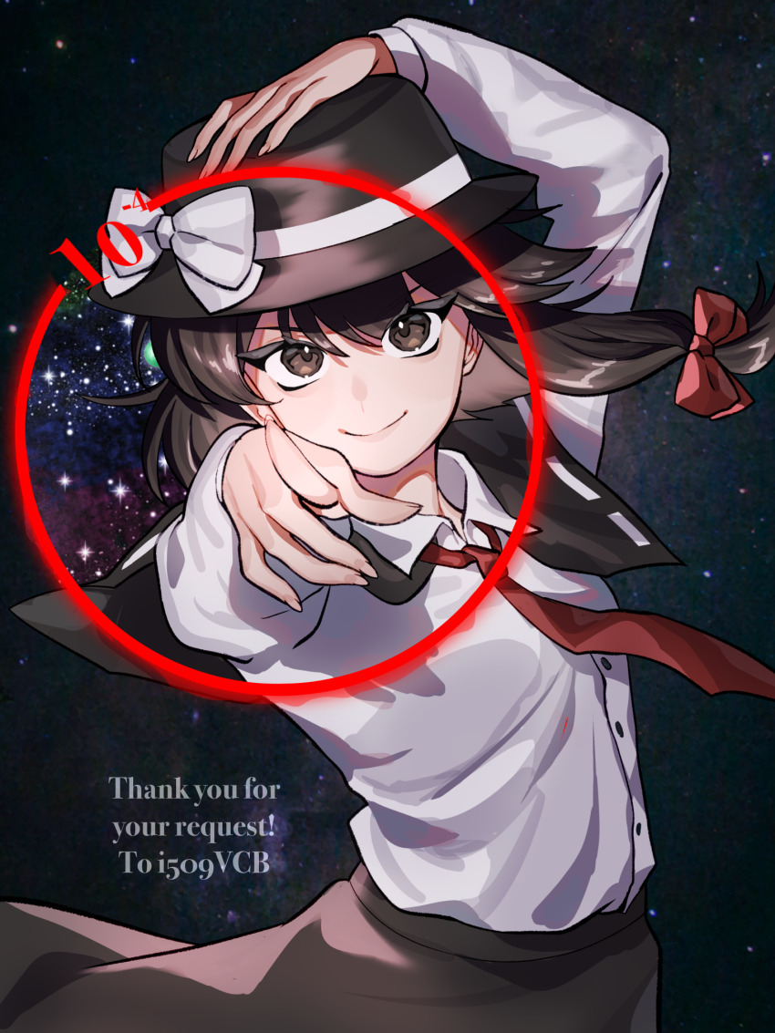1girl, asymmetrical_hair, black_capelet, black_hat, black_skirt, bow, brown_eyes, brown_hair, buttons, capelet, collared_shirt, commission, commissioner_name, commissioner_upload, cowboy_shot, fingernails, hair_bow, hand_on_own_hat, hat, hat_bow, highres, image_background, konoha217, long_sleeves, looking_at_viewer, magical_astronomy, medium_hair, necktie, only_my_railgun, orbital_path, parody, pose_imitation, red_bow, red_necktie, ribbon-trimmed_capelet, ribbon_trim, shirt, shirt_tucked_in, skeb_commission, skirt, smile, solo, space, star_(sky), thank_you, toaru_kagaku_no_railgun, toaru_majutsu_no_index, touhou, usami_renko, white_shirt