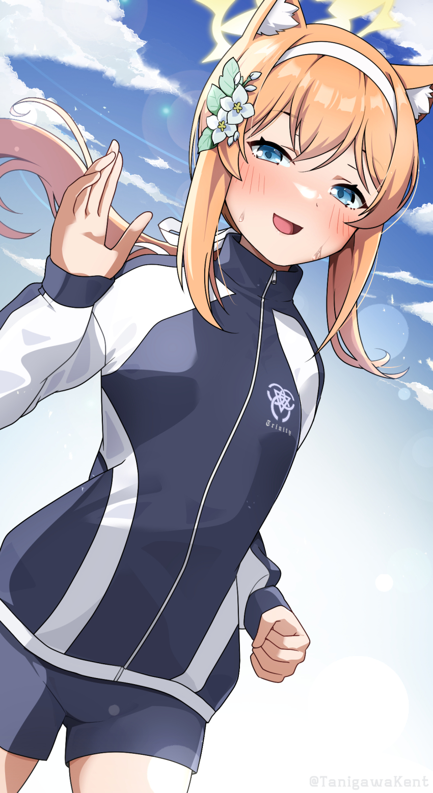 1girl, :d, animal_ear_fluff, animal_ears, black_jacket, black_shorts, blue_archive, blue_eyes