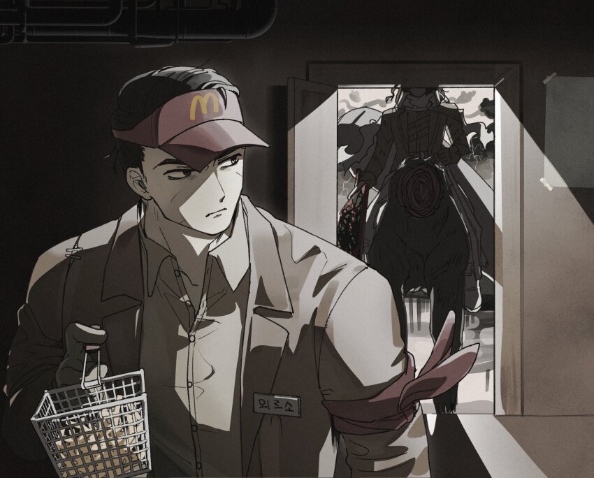 2boys, armband, backlighting, basket, black_hair, brown_coat, buttons, coat