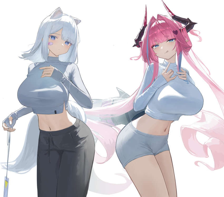 2girls, absurdres, animal_ears, arknights, arknights:_endfield, bandaid, bandaid_on_face, black_horns