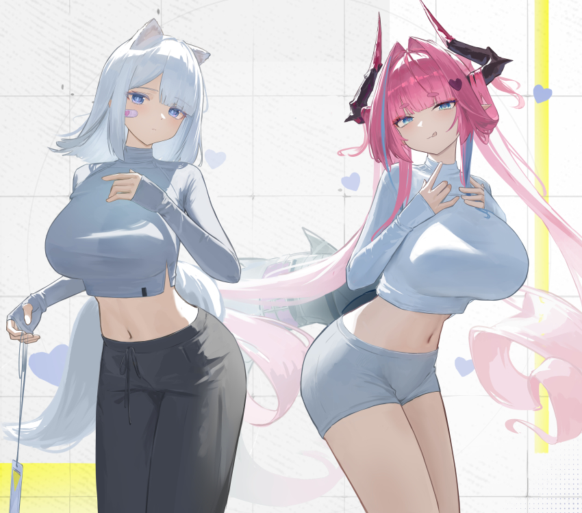 2girls, absurdres, animal_ears, arknights, arknights:_endfield, bandaid, bandaid_on_face, black_horns