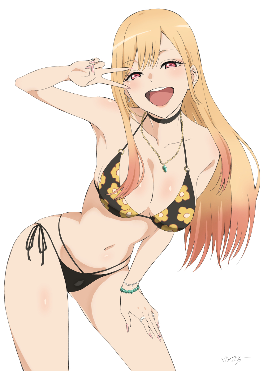 1girl, absurdres, armpits, barbell_piercing, bare_shoulders, bikini, black_bikini, black_choker, blonde_hair, blush, breasts, choker, cleavage, collarbone, colored_tips, commentary_request, ear_piercing, earrings, floral_print, floral_print_bikini, hand_on_own_thigh, hand_up, highres, industrial_piercing, jewelry, kitagawa_marin, large_breasts, leaning_forward, long_hair, looking_at_viewer, miato, multicolored_hair, navel, necklace, open_mouth, piercing, pink_nails, print_bikini, red_eyes, ring, side-tie_bikini_bottom, simple_background, smile, solo, sono_bisque_doll_wa_koi_wo_suru, standing, swimsuit, thighs, v, white_background