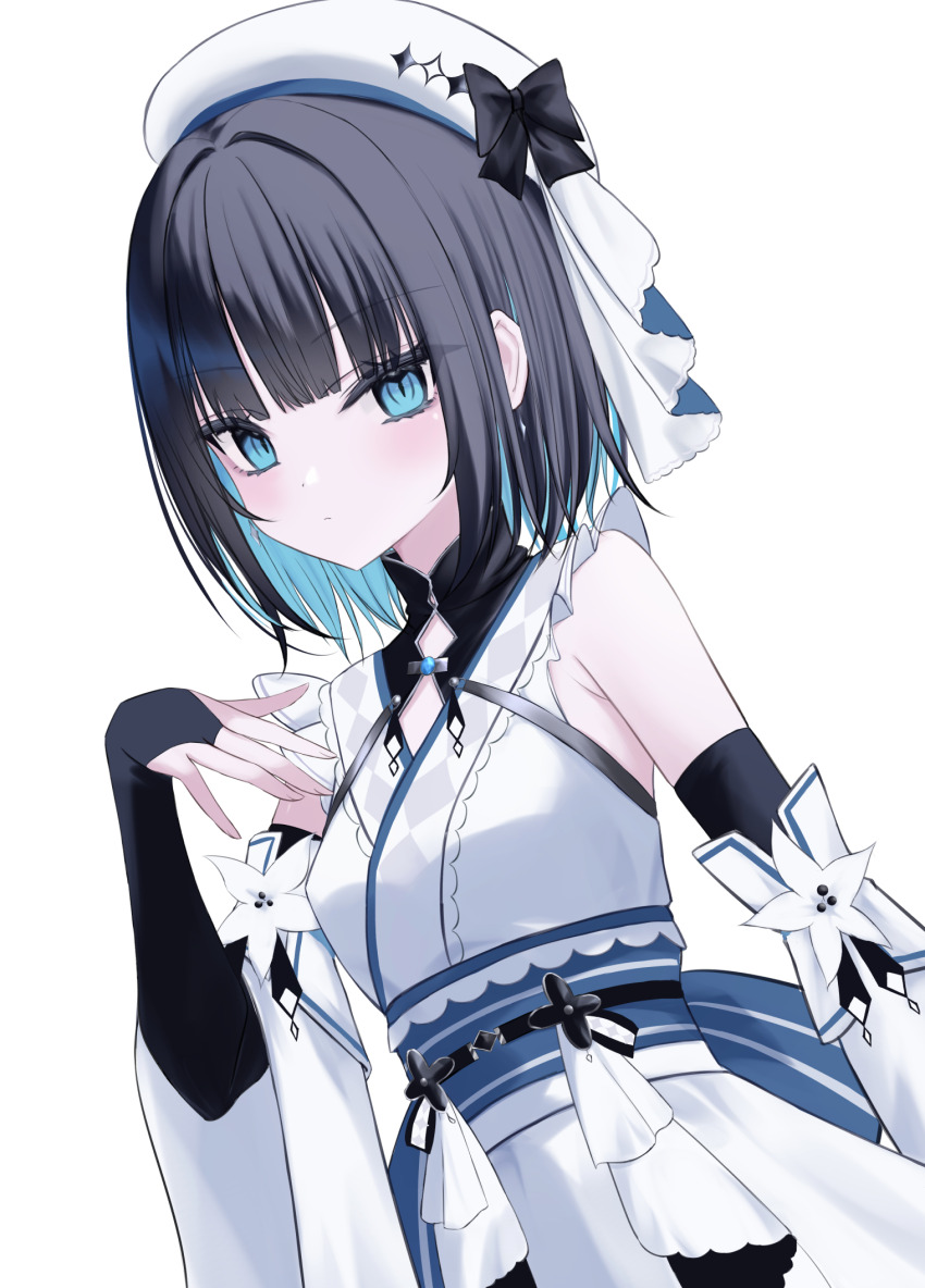 beret, black_bow, black_bowtie, blue_eyes, bow, bowtie, commentary_request, detached_sleeves, elbow_gloves, fingerless_gloves, gloves, hat, highres, hime_cut, iris37337, japanese_clothes, magical_girl, mahou_shoujo_no_inshuu_mura, mikage_rizu, multicolored_hair, obi, sash, short_hair, white_background