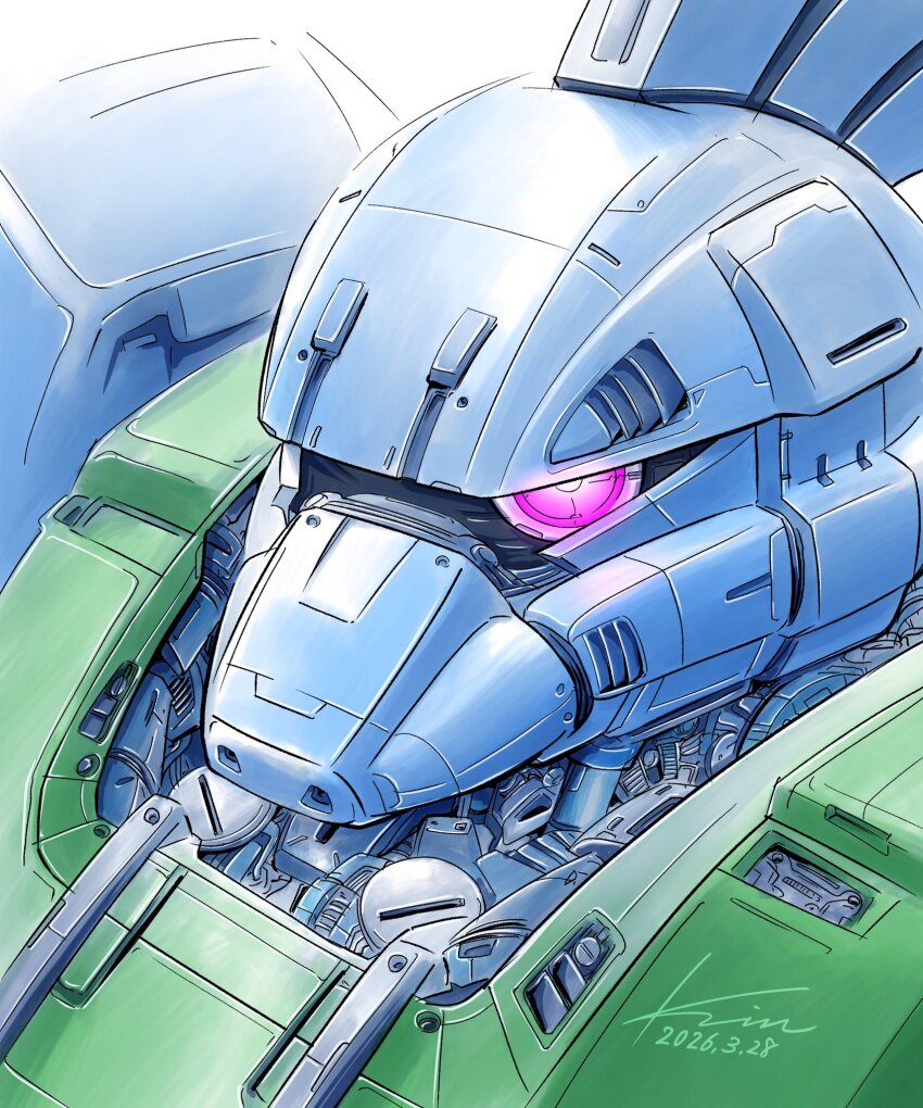 commentary_request, dated, gelgoog, glowing, glowing_eye, gundam, highres, kobakin