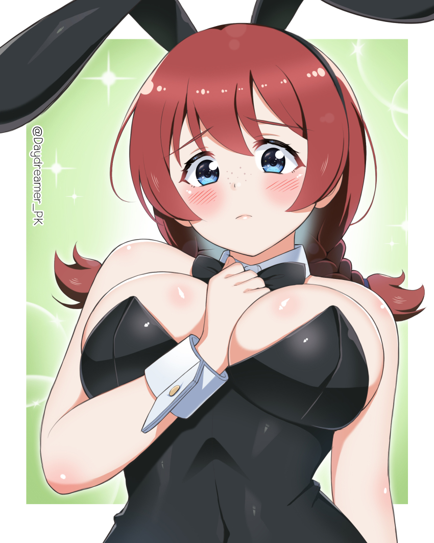 1girl, absurdres, animal_ear_hairband, animal_ears, black_bow, black_bowtie, black_leotard, bow, bowtie, braid, breasts, brown_hair, commentary_request, daydreamer_pk, detached_collar, emma_verde, fake_animal_ears, freckles, green_background, green_eyes, hairband, highres, large_breasts, leotard, long_hair, looking_at_viewer, love_live!, love_live!_nijigasaki_high_school_idol_club, low_twin_braids, playboy_bunny, rabbit_ears, solo, strapless, strapless_leotard, twin_braids, twitter_username, upper_body, wrist_cuffs
