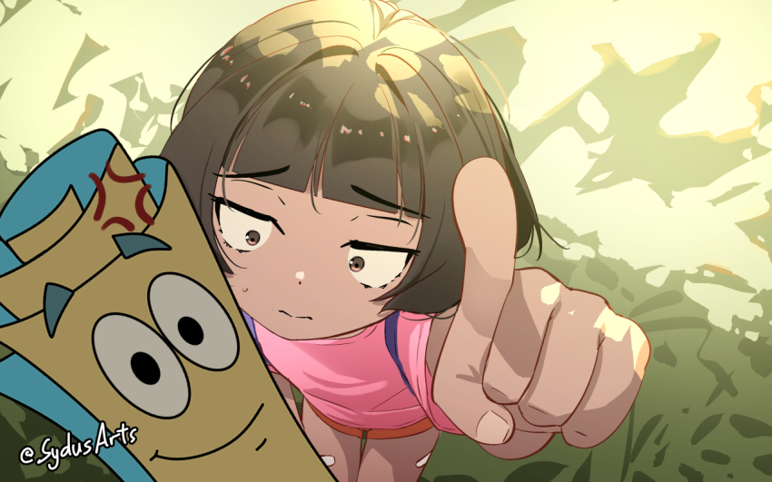 1girl, artist_name, backpack, bag, bandage_on_leg, blunt_bangs, brown_eyes, brown_hair