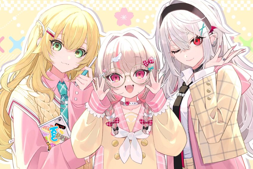 1boy, 2girls, :3, alternate_costume, blonde_hair, braid, brown_hair, cardigan