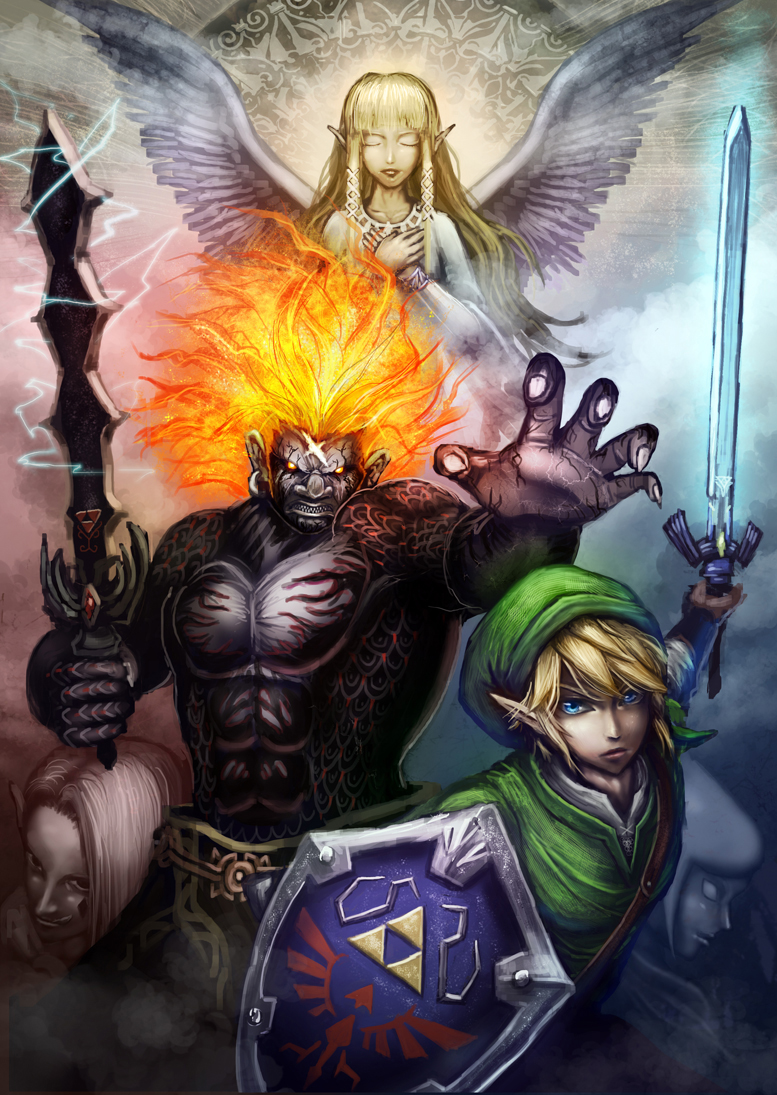 2girls, 3boys, angel, azul_(ze-l), bad_id, bad_pixiv_id, blonde_hair, blue_eyes