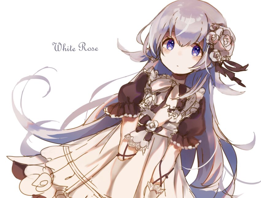 1girl, az_9649, black_shirt, character_name, commentary_request, dress, dutch_angle, flower