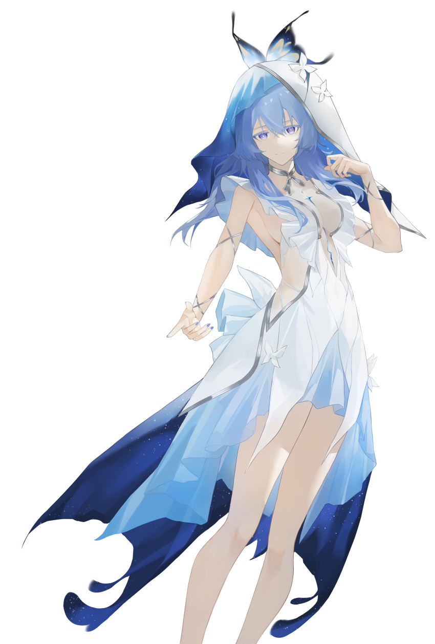 1girl, absurdres, blue_hair, blue_nails, blue_veil, breasts, closed_mouth, colored_eyelashes