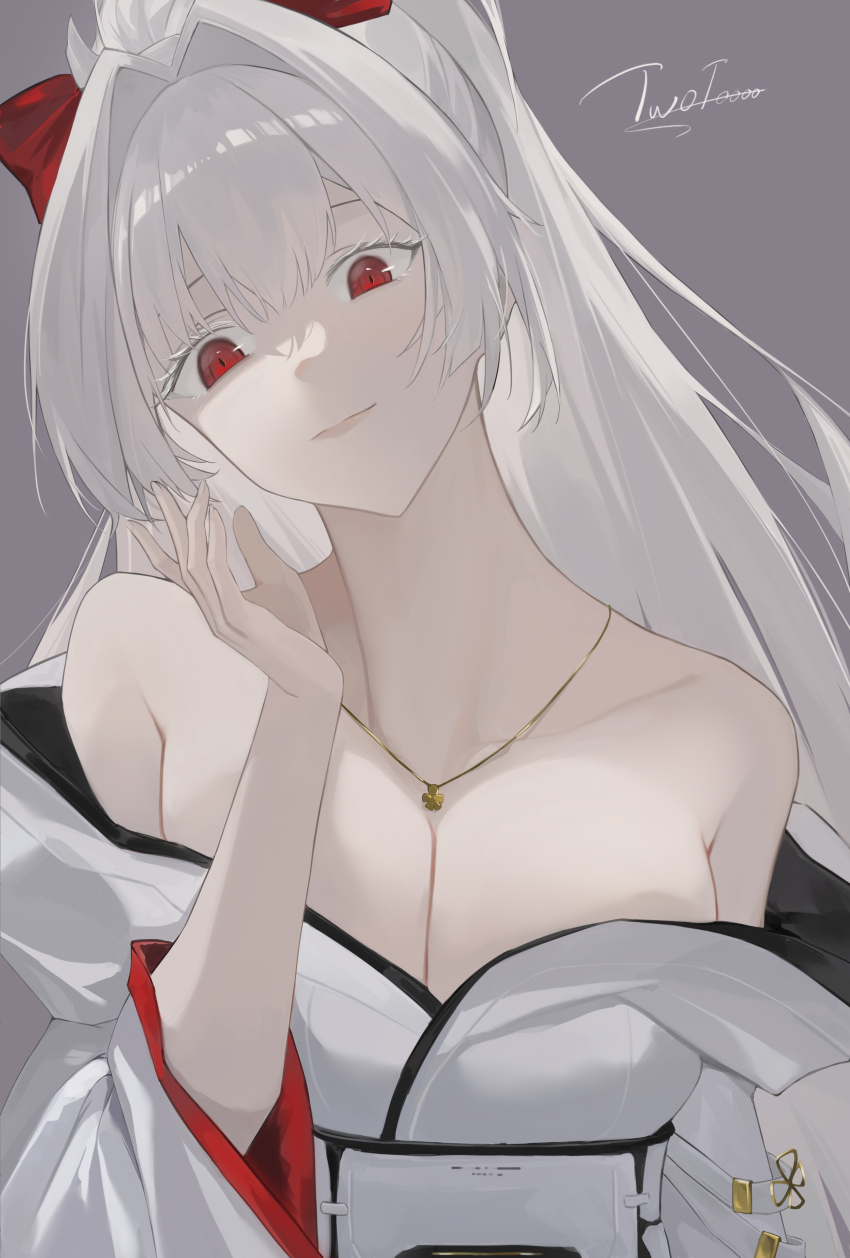 1girl, absurdres, bare_shoulders, bow, breasts, cleavage, closed_mouth, commentary