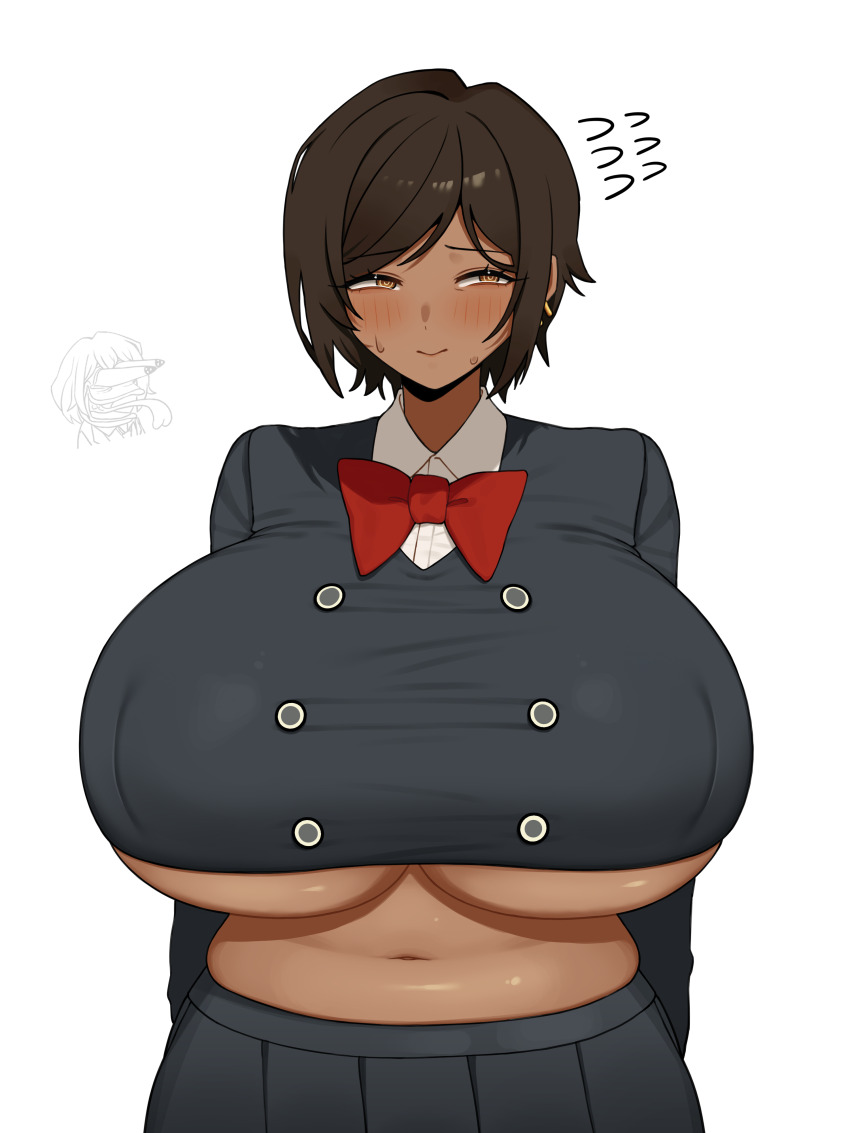 1girl, absurdres, black_skirt, bow, breasts, brown_hair, character_request, commentary_request, dark-skinned_female, dark_skin, earrings, highres, jewelry, kindergarten_uniform, korean_commentary, large_breasts, limbus_company, limbus_kindergarten_uniform, looking_to_the_side, outis_(project_moon), pepe_the_frog, project_moon, red_bow, skirt, solo, underboob, white_background, yaza_(@n9llam_9240), yellow_eyes