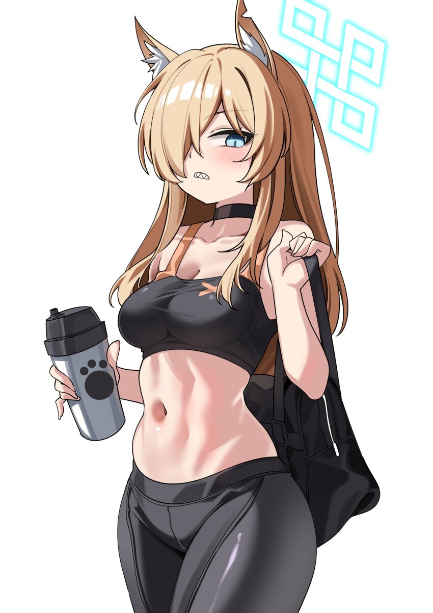 1girl, absurdres, animal_ear_fluff, animal_ears, bag, black_pants, black_sports_bra, blonde_hair