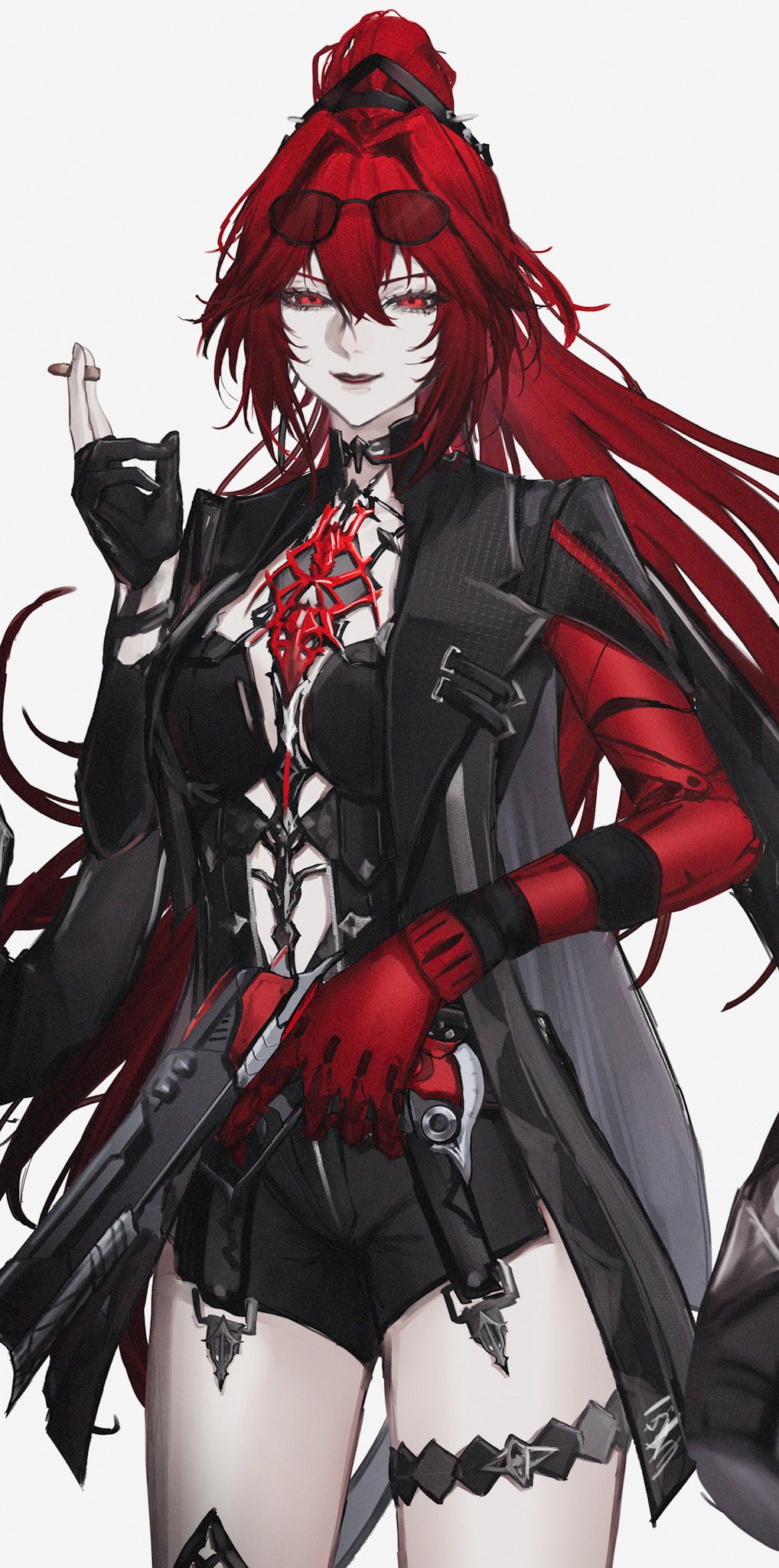 1girl, between_fingers, black_lips, breasts, cigarette, closed_mouth, cowboy_shot, eyewear_on_head