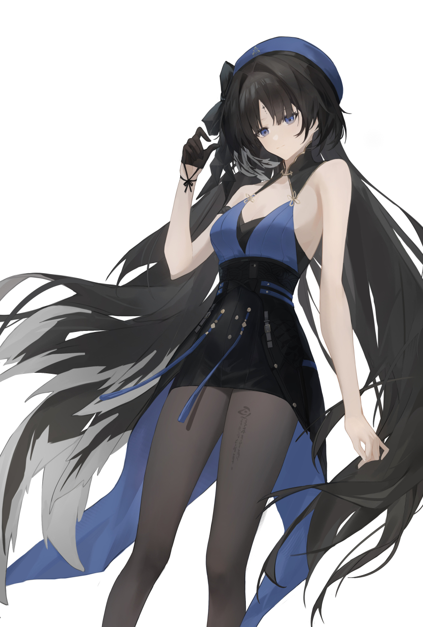 absurdres, armlet, bare_shoulders, beret, black_eyes, black_hair, black_skirt, blue_hat, breasts, closed_mouth, commentary, feather_hair, from_below, grey_pantyhose, hair_intakes, hat, high-waist_skirt, highres, hiro_(9564), jewelry, long_hair, looking_at_viewer, medium_breasts, pantyhose, simple_background, skirt, very_long_hair, white_background, wuthering_waves, yangyang_(wuthering_waves)