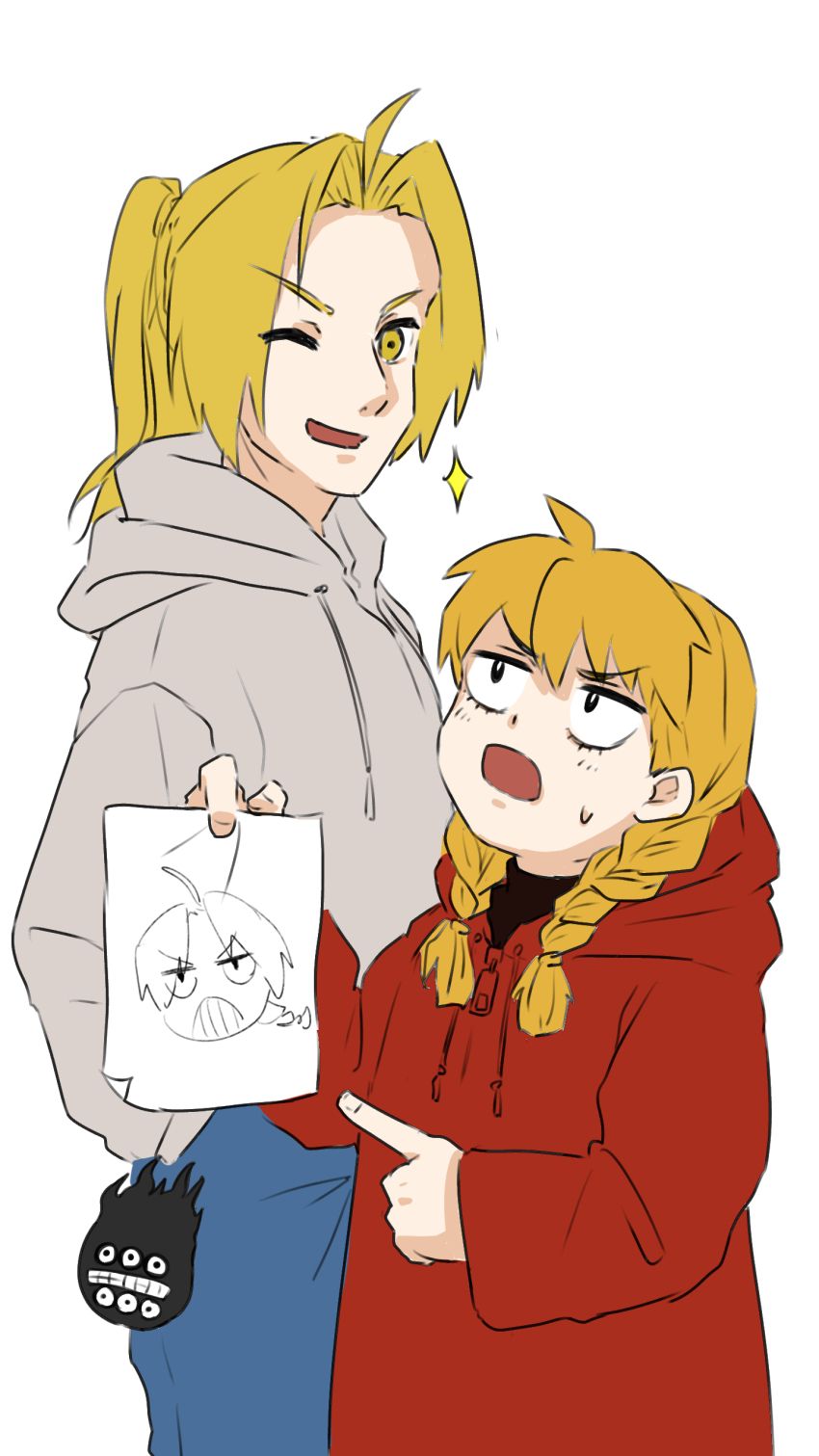 1boy, 1girl, absurdres, blonde_hair, braid, commentary_request, drawing_(object), edward_elric, fullmetal_alchemist, gabu_(yomi_no_tsugai), grey_hoodie, highres, holding, holding_drawing, hood, hoodie, looking_at_viewer, one_eye_closed, open_mouth, pointing, ponytail, red_hoodie, simple_background, size_difference, twin_braids, user_nvjp3355, white_background, yomi_no_tsugai