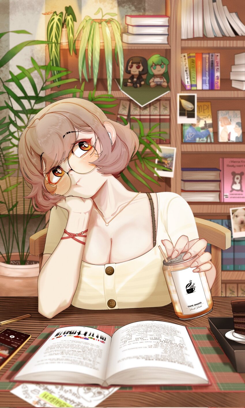 1girl, blush, book, book_stack, bookshelf, bra_strap, breasts, bright_pupils, brown_eyes, can, cellphone, chair, character_request, cleavage, commentary_request, double_biub, drink_can, drinking_straw, fumo_(doll), glasses, head_rest, head_tilt, highres, huge_breasts, indoors, jewelry, korean_commentary, original, park-bye_(double_biub), park-hello_(double_biub), pendant, phone, photo_(object), plant, potted_plant, round_eyewear, sacabambaspis, short_hair, sitting, smartphone, solo, table, white_pupils