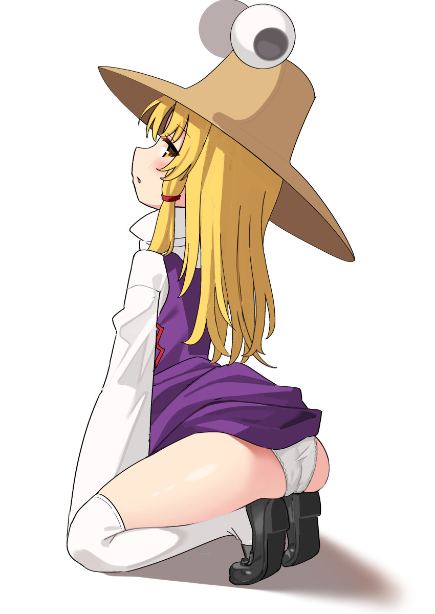 1girl, absurdres, arched_back, ass, ass_focus, black_shoes, blonde_hair, blush, brown_eyes, dress, esujii_(sg_gush_wak), hair_ornament, hat, highres, kneeling, lace, lace-trimmed_panties, lace_trim, loafers, loli, long_hair, long_sleeves, looking_at_viewer, moriya_suwako, mountain_of_faith, no_pants, over-kneehighs, panties, pantyshot, parted_lips, penny_loafers, purple_dress, shoes, simple_background, socks, solo, thighhighs, tiptoes, touhou, underwear, white_panties, white_socks