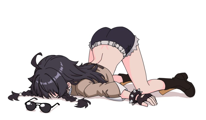 1girl, ahoge, ass, black_boots, black_hair, black_shorts, boots, bracelet