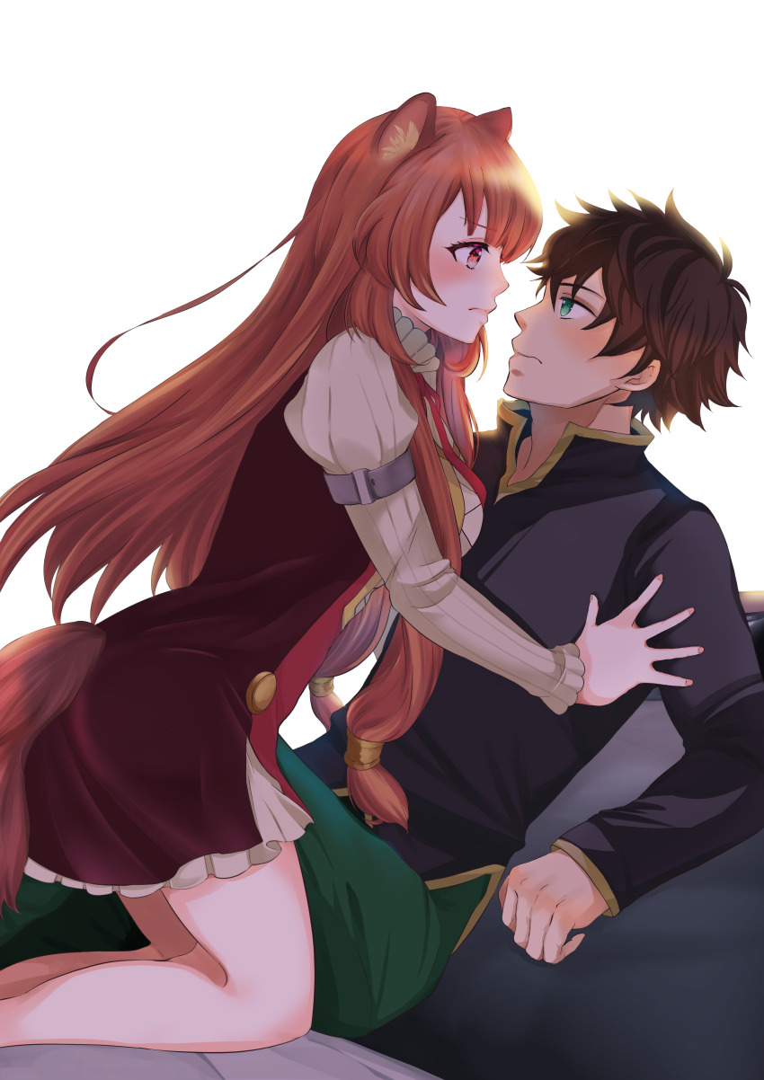 1boy, 1girl, absurdres, animal_ear_fluff, animal_ears, assertive_female, bare_legs, black_dress, black_hair, black_shirt, blush, breasts, brown_hair, closed_mouth, collared_shirt, commentary_request, commission, dress, eye_contact, feet_out_of_frame, frilled_dress_collar, from_side, green_eyes, green_pants, hair_tubes, hetero, high_collar, highres, iwatani_naofumi, kasakasako, kneeling, layered_dress, long_hair, long_sleeves, looking_at_another, lying, medium_breasts, messy_hair, metal_arm_cuffs, metal_hair_tubes, neck_ribbon, on_back, open_collar, pants, pink_hair, pinstripe_dress, pinstripe_pattern, pleated_dress, raccoon_ears, raccoon_girl, raccoon_tail, raphtalia, red_dress, red_ribbon, ribbon, shirt, short_dress, short_hair, simple_background, skeb_commission, sleeveless, sleeveless_dress, straight_hair, tail, tate_no_yuusha_no_nariagari, two-tone_dress, white_background, white_dress, yukadon