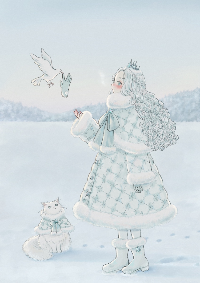 1girl, absurdres, bird, blue_boots, blue_bow, blue_capelet, blue_dress, blue_eyes