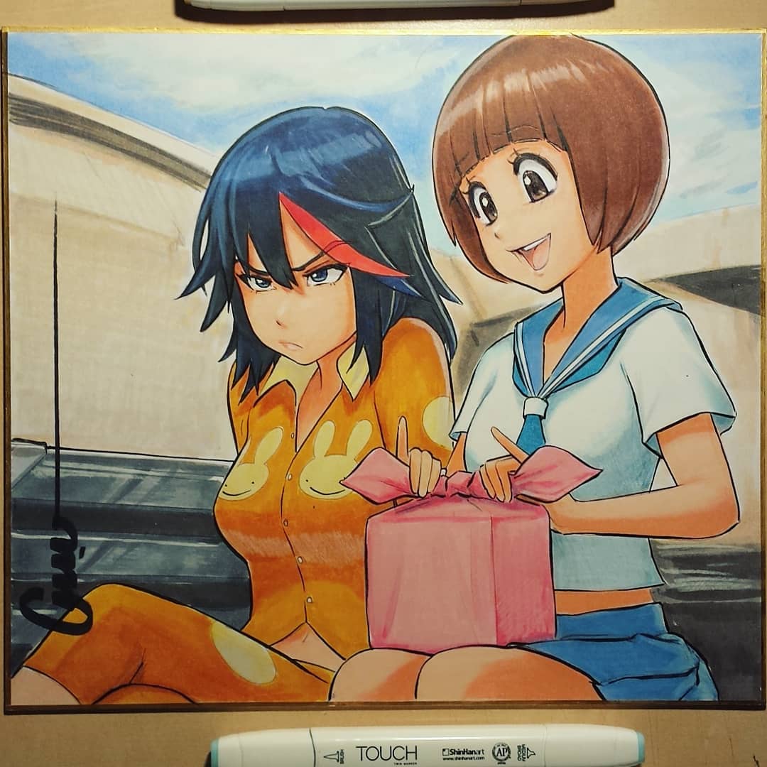 2girls, animal_print, black_hair, blue_eyes, blue_sailor_collar, blue_skirt, blue_sky, box