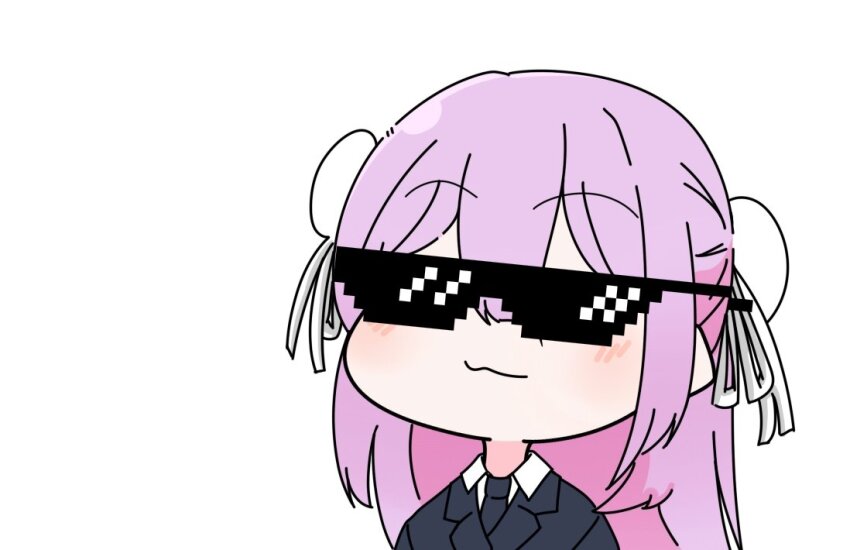 1girl, :3, black_jacket, black_necktie, blush, bun_cover, chibi, chibi_only, closed_mouth, collared_shirt, commentary, deal_with_it_(meme), double_bun, facing_viewer, hair_between_eyes, hair_bun, hair_ribbon, heaven_burns_red, jacket, kunimi_tama, kunimi_tama_(twilight_memories), long_hair, meme, necktie, official_alternate_costume, pink_hair, portrait, randayo_sasaki, ribbon, shirt, sidelocks, simple_background, smile, solo, suit_jacket, sunglasses, white_background, white_ribbon, white_shirt