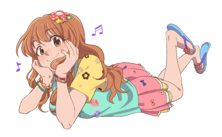 1girl, beamed_sixteenth_notes, blue_sandals, blue_shirt, bracelet, brown_eyes, brown_hair, closed_mouth
