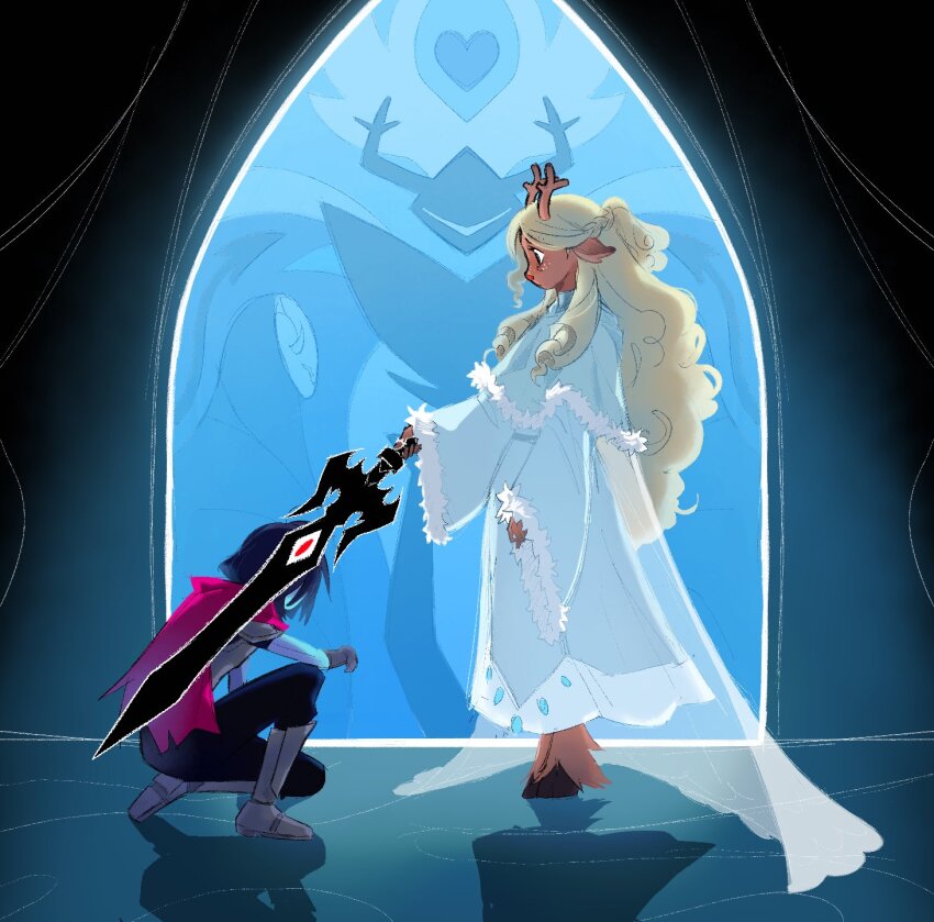 1girl, 2others, armor, armored_boots, black_hair, blonde_hair, boots, braid