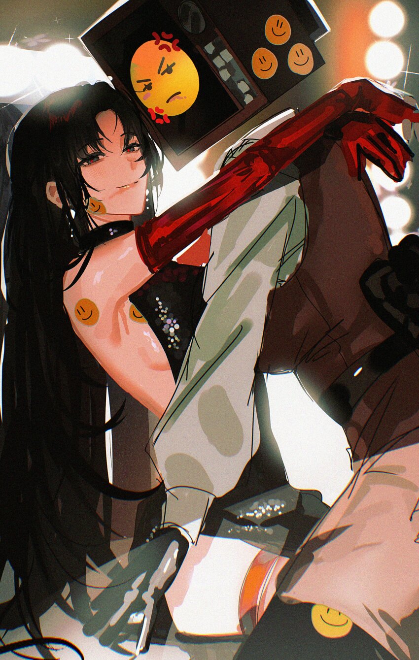 2girls, absurdres, anger_vein, arms_around_neck, black_dress, black_eyes, black_hair, braun_(gwechul)