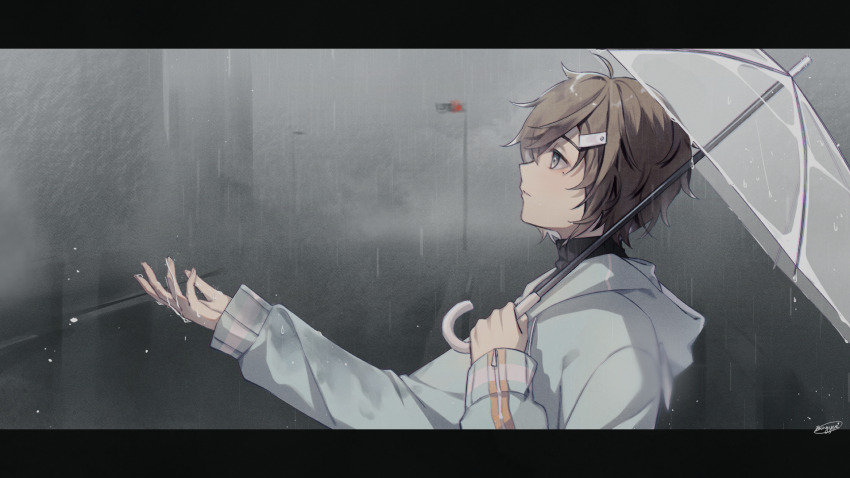 1boy, bingyue1121, black_sweater, blue_hoodie, brown_hair, chinese_commentary, closed_mouth, commentary_request