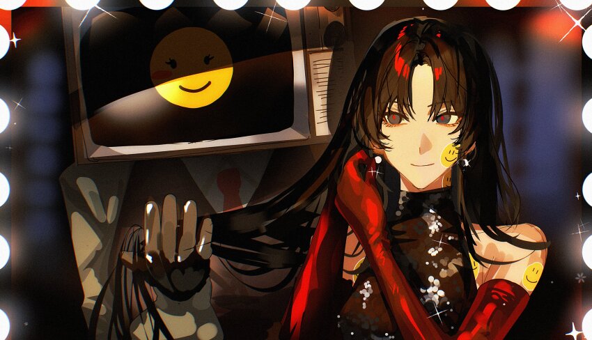 2girls, absurdres, black_dress, black_eyes, black_gloves, black_hair, braun_(gwechul), commentary