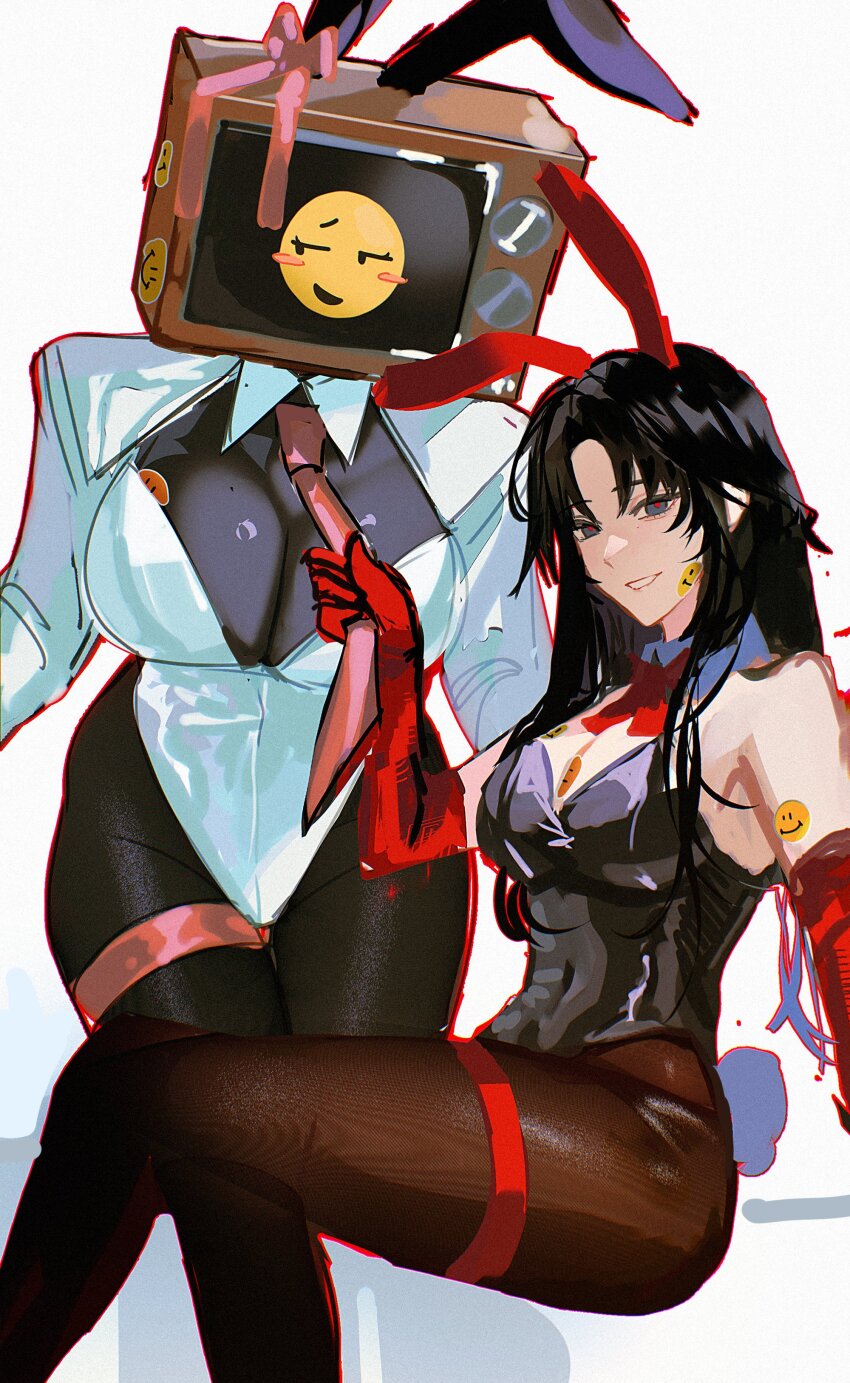 2girls, absurdres, animal_ears, black_eyes, black_hair, black_leotard, black_pantyhose, braun_(gwechul)