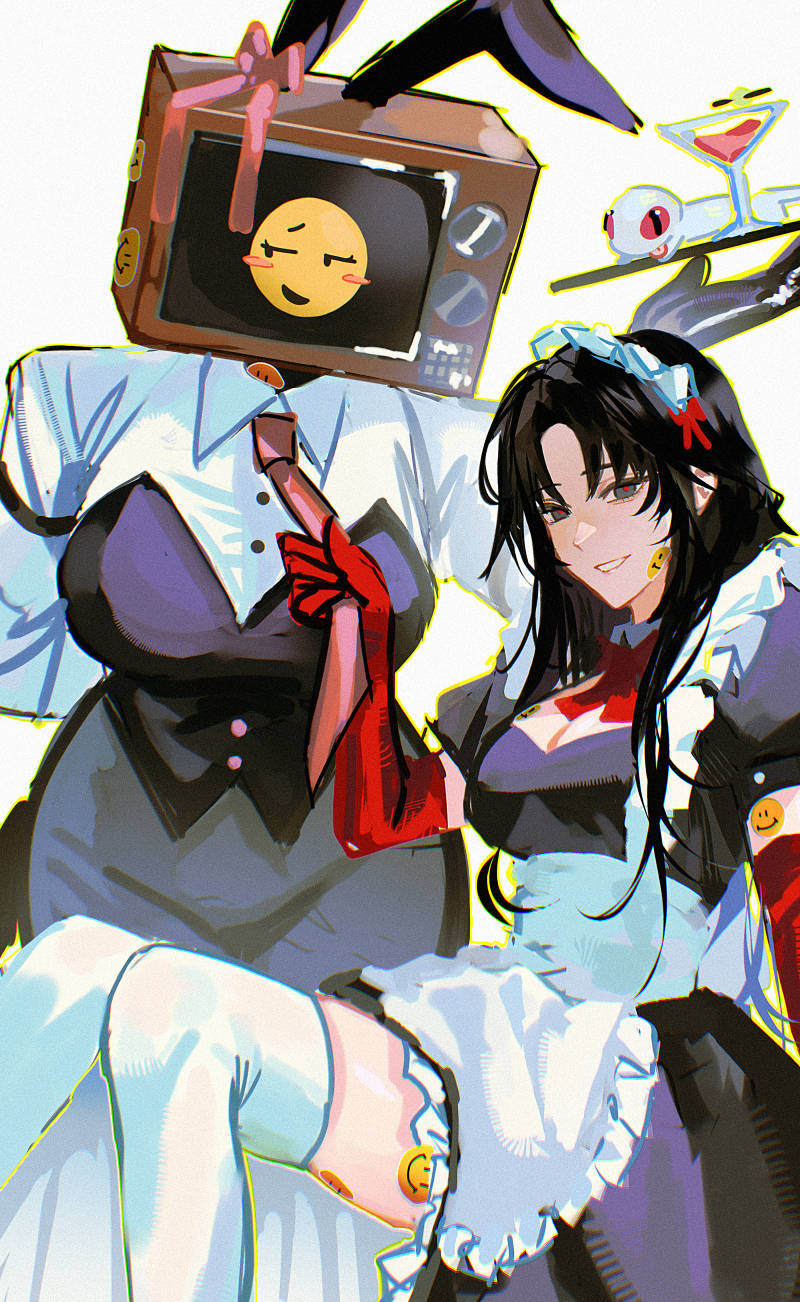 2girls, animal_ears, apron, black_dress, black_gloves, black_hair, braun_(gwechul), breasts