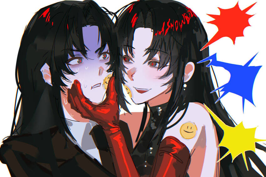 2girls, black_dress, black_hair, cheek_squash, collared_shirt, commentary, dress, earrings