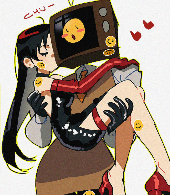 2girls, black_dress, black_gloves, black_hair, braun_(gwechul), brown_skirt, brown_vest, carrying