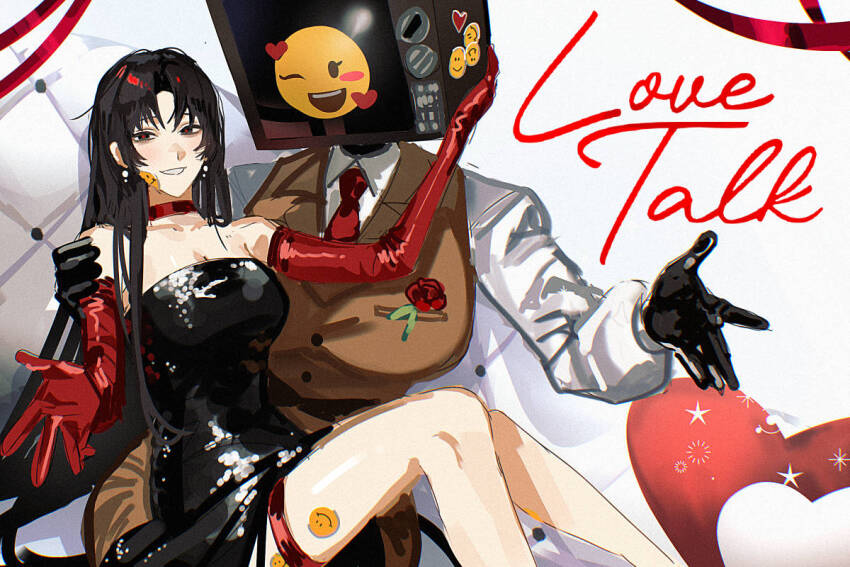 2girls, black_dress, black_eyes, black_gloves, black_hair, braun_(gwechul), breasts, brown_vest