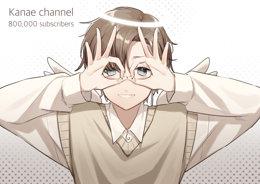 1boy, abstract_background, absurdres, bingyue1121, blue_eyes, brown_hair, chinese_commentary, commentary_request, english_text, grin, halo, highres, kanae_(9th_costume)_(nijisanji), kanae_(nijisanji), looking_at_viewer, male_focus, nijisanji, ok_sign, ok_sign_over_eye, shirt, short_hair, smile, solo, sweater_vest, tareme, upper_body, virtual_youtuber, white_shirt, white_wings, wing_collar, wings, yellow_sweater_vest
