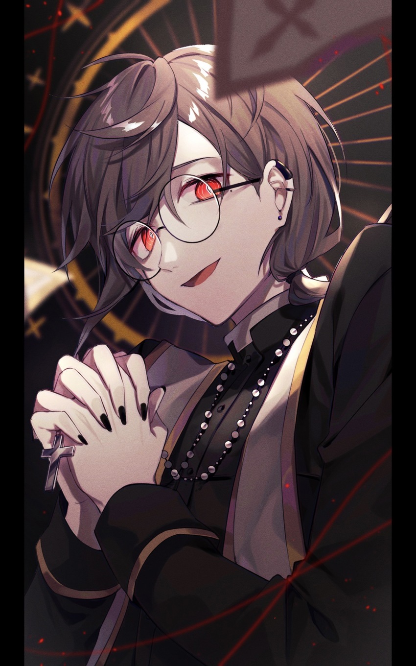 1boy, bingyue1121, black_nails, brown_hair, buttons, cassock, chinese_commentary, commentary_request