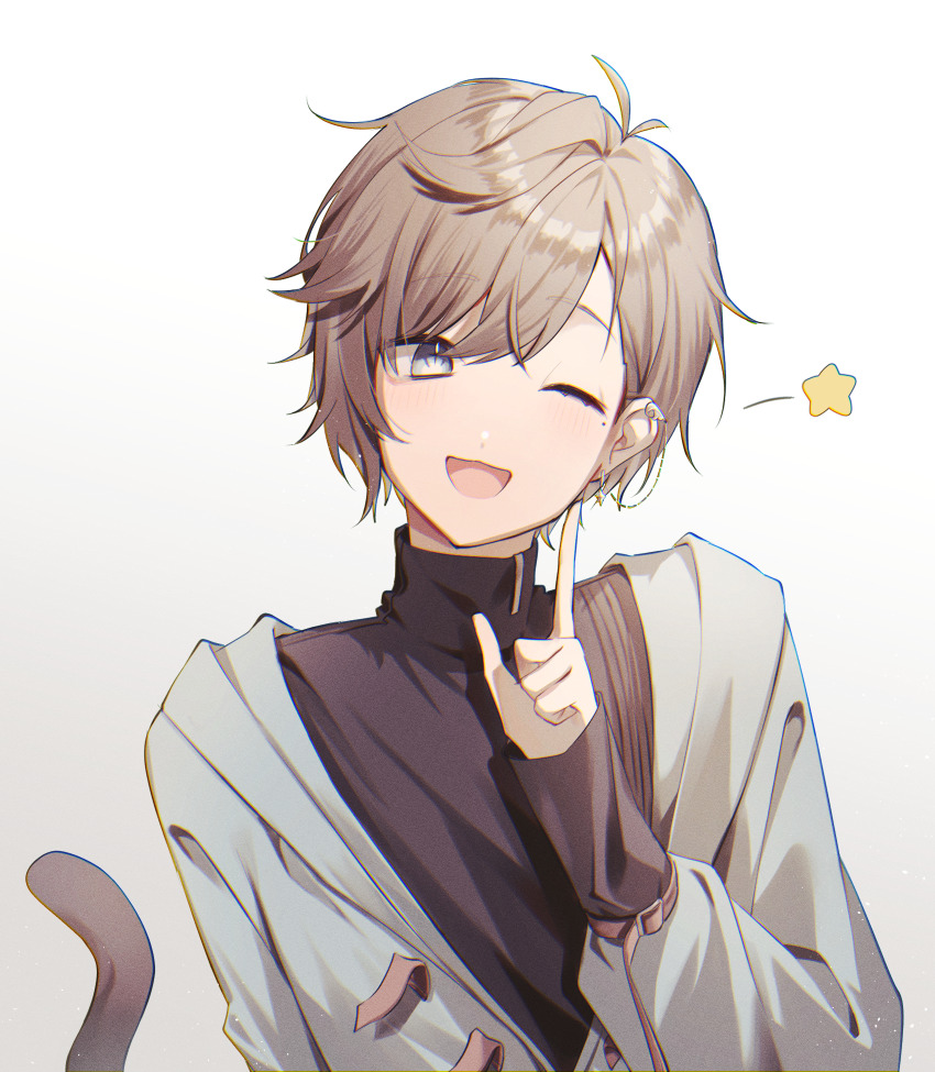 1boy, ;d, antenna_hair, bingyue1121, black_sweater, blue_eyes, blue_jacket, brown_hair