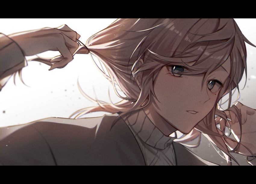 1boy, bingyue1121, cable_knit, chinese_commentary, commentary_request, film_grain, green_eyes, grey_hair