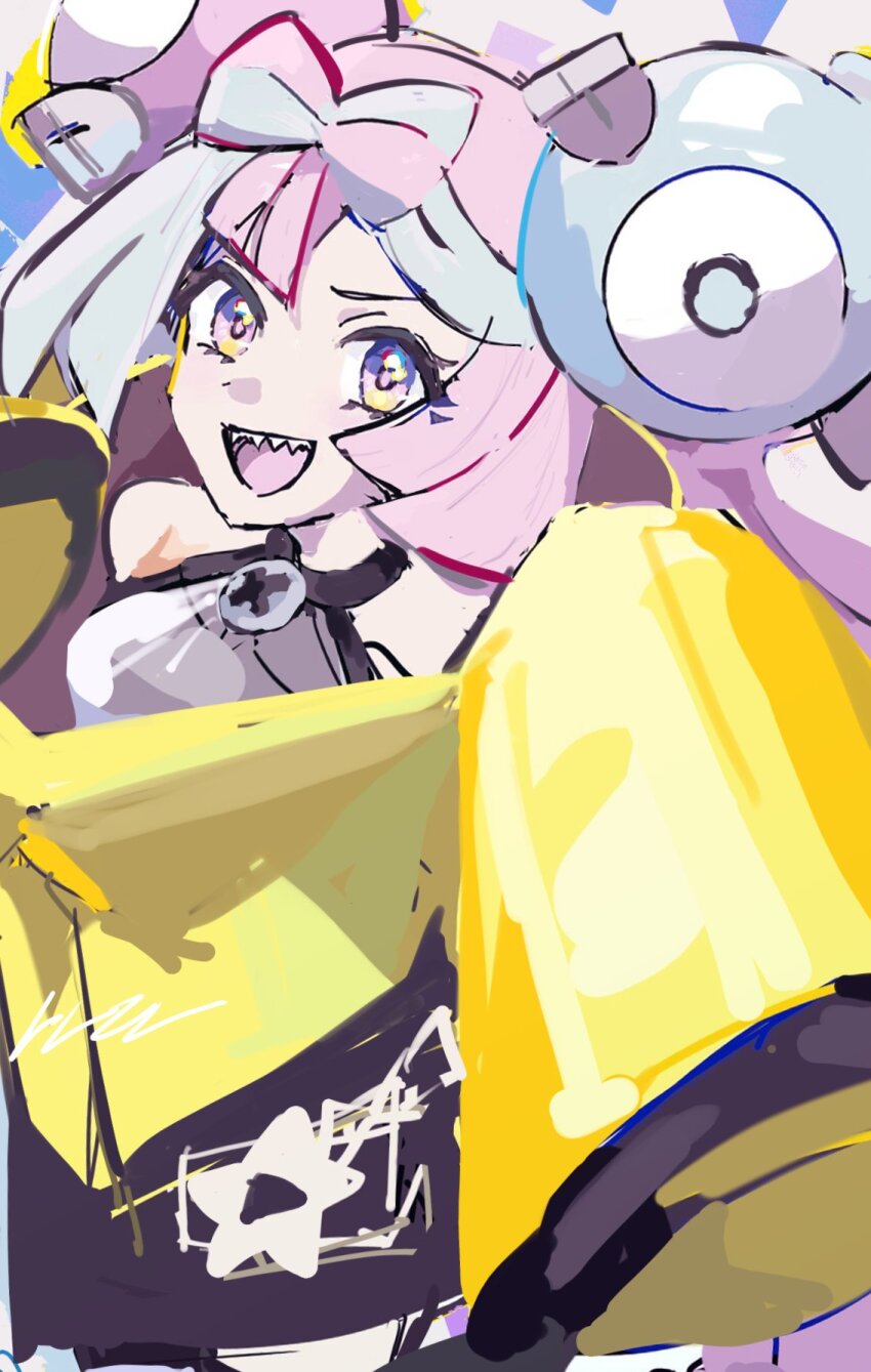 1girl, 6l226, :d, bow-shaped_hair, character_hair_ornament, grey_shirt, hair_ornament, happy