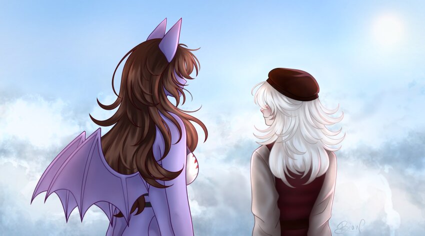 2girls, animal_ears, arkanis, arthropod_girl, bat_ears, beret, biiahwolf, brown_hair