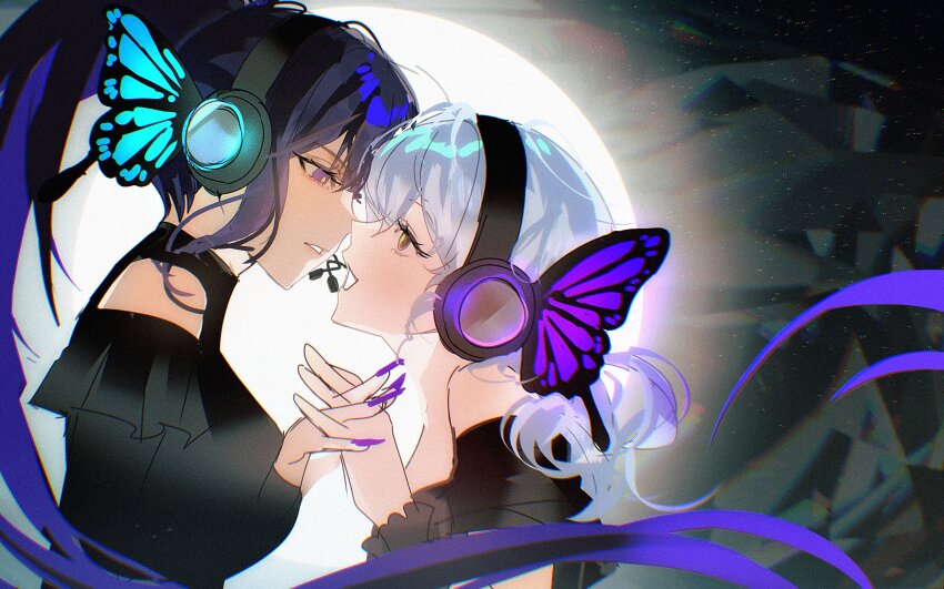 2girls, black_eyes, black_hair, black_shirt, butterfly_wings, commentary, english_commentary, eye_contact